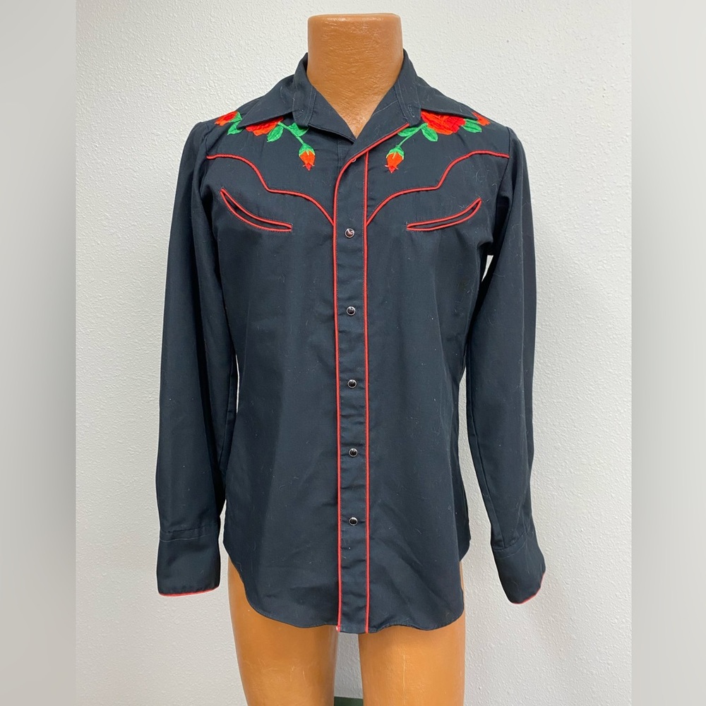 Chute#1 vintage men's black pearl snap button down shirt sz S